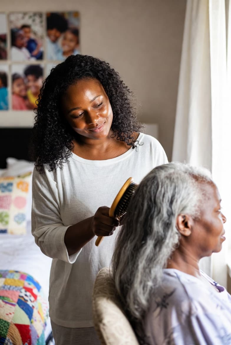 Family caregiver providing care to elderly family member