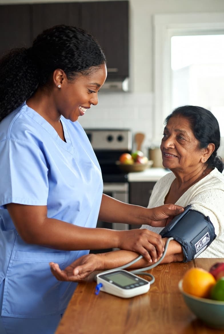 Caregiver checking blood pressure of senior client